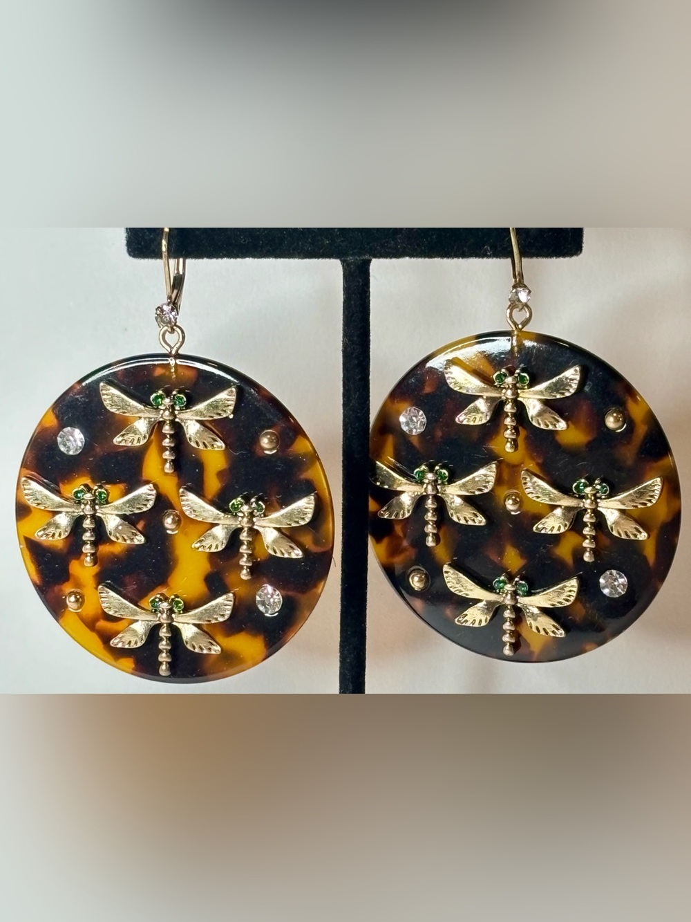 Betsey Johnson Brown Black Resin Dragonfly Disc Drop Earrings Gold Tone